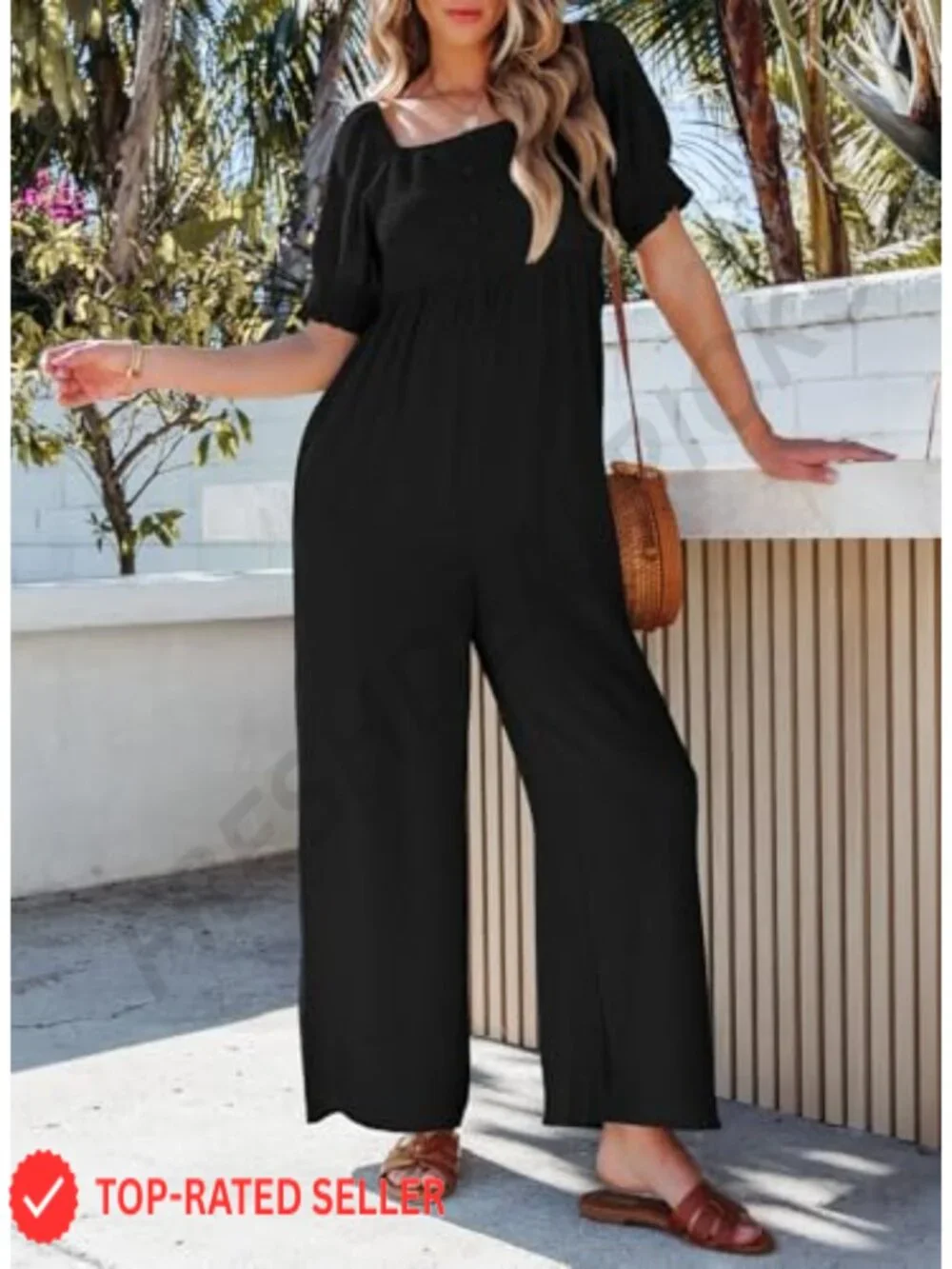 Womens 100% Polyester Jumpsuit with Lantern Sleeves, Wide Leg Overalls with